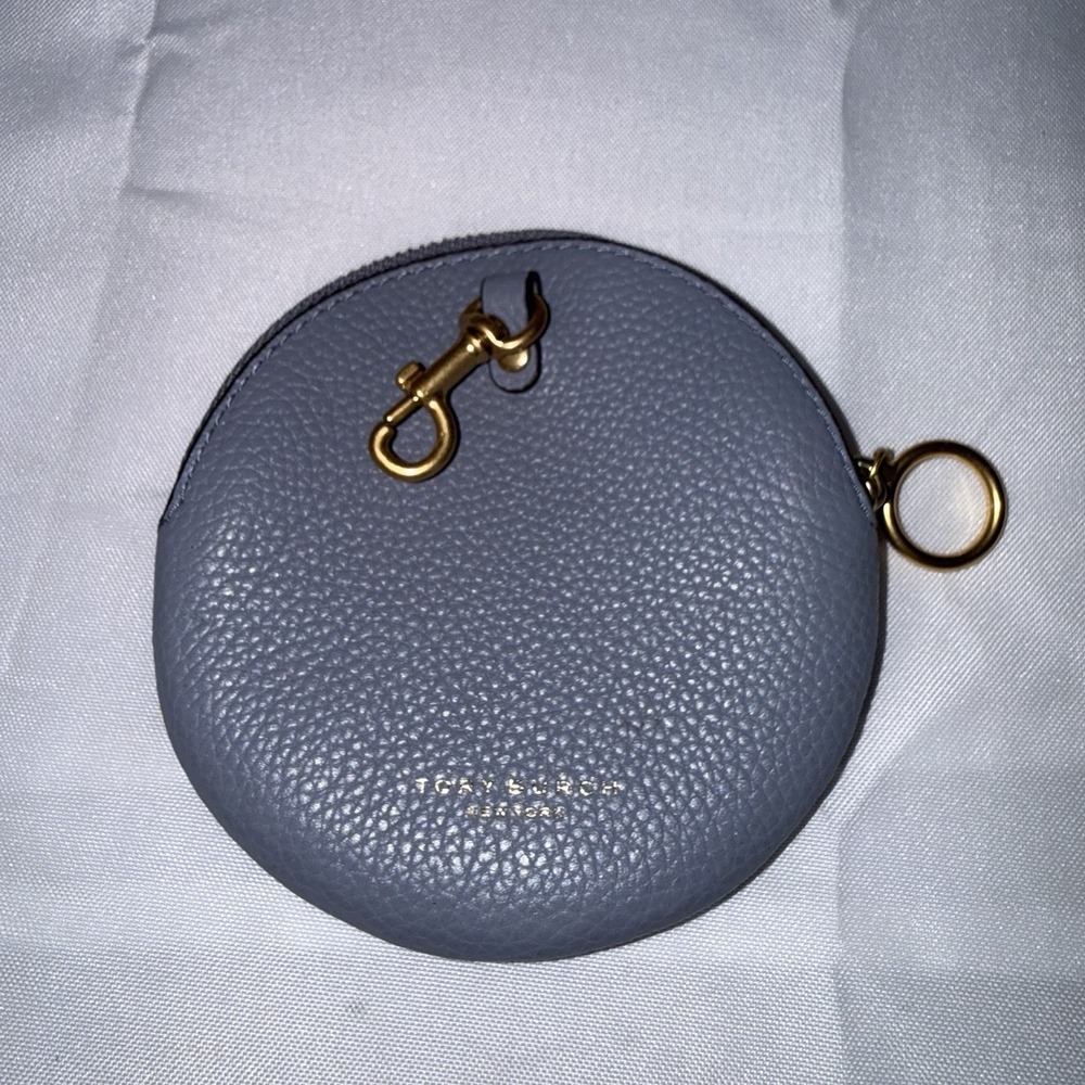 Tory Burch Coin Pouch Bag Charm Circular Wallet With Clip Periwinkle Purple EUC - Picture 2 of 11